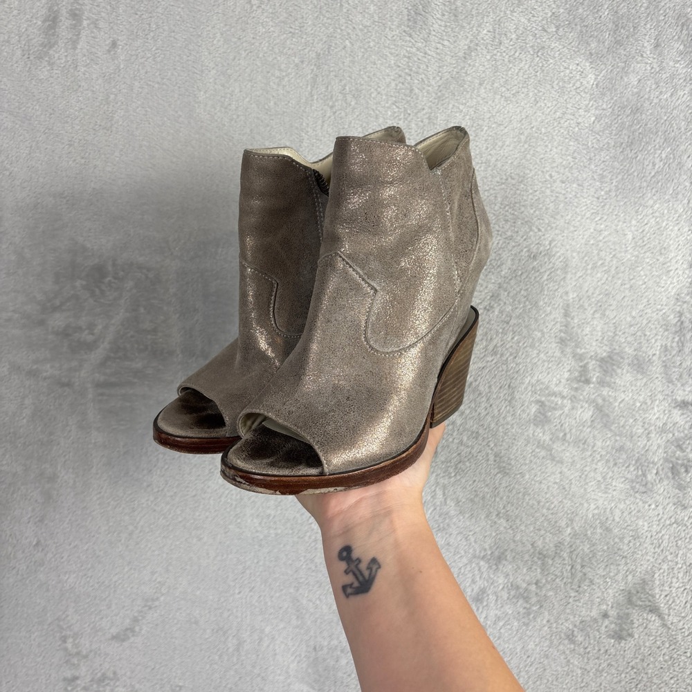 Ash Ros Bis Metallic Pewter Leather Open Toe Western Block Heel‎ Booties 38